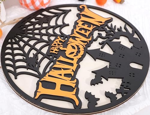 Happy Halloween Wooden Wreath - Ghost Bat Pumpkin Door Sign & Garland - Indoor Wall Decorations - Variation: Happy Halloween Wreath