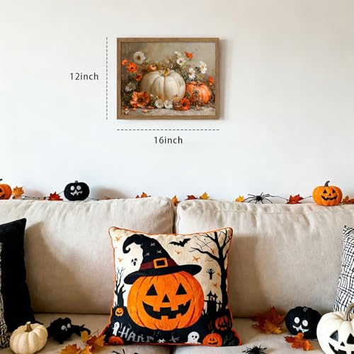 Golden Pumpkin Wall Art - Fall Canvas Framed Art 16x12 Inches - Rustic Pumpkin Decor