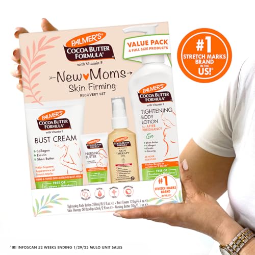 Palmer's Cocoa Butter Formula New Moms Skin Recovery Postpartum Essentials, Body Lotion (8.5 oz) + Nursing Butter (1.1 oz) + Bust Cream (4.4 oz) + Skin Therapy Oil (2 oz), Dermatologist Approved