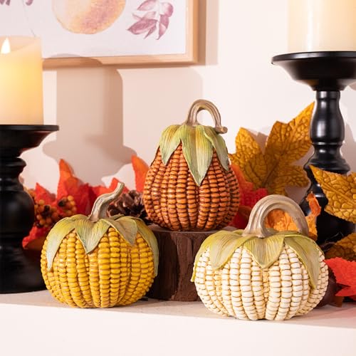Large Fall Pumpkin Decor Set of 3 - Lifelike Resin Corn Pattern Figurines for Indoor & Outdoor Autumn Thanksgiving Halloween
