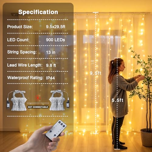 Warm White 900 LED Curtain Lights 9.5x29.5ft Outdoor Indoor String Decor