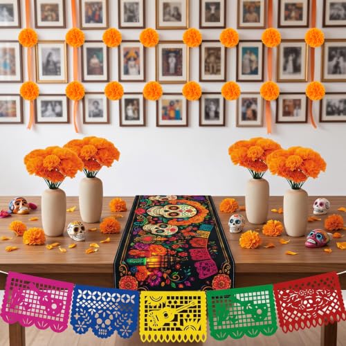 Dia De Los Muertos Decoration Set with Marigolds Banner Tablecloth & Altar Decor