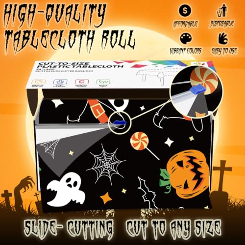 Halloween Pumpkin Ghost Plastic Table Cover Roll - 3600 x 54 Inches, Disposable with Slide Cutter