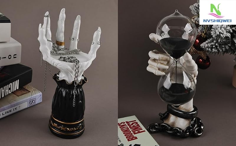 White Skeleton Hands Hourglass Figurine with Black Sand Halloween Decor