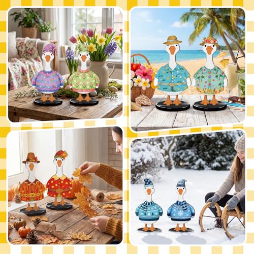 Wooden Goose Figurine Set with 60 Interchangeable Outfits - Festive Desktop Decor