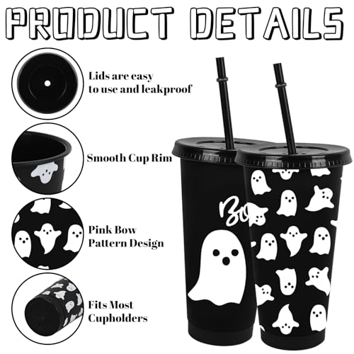 Halloween Ghost Plastic Cups with Lids & Straws - 24 Oz Reusable Tumblers for Party, Birthday & Baby Shower Decor, Black & White, Set of 12