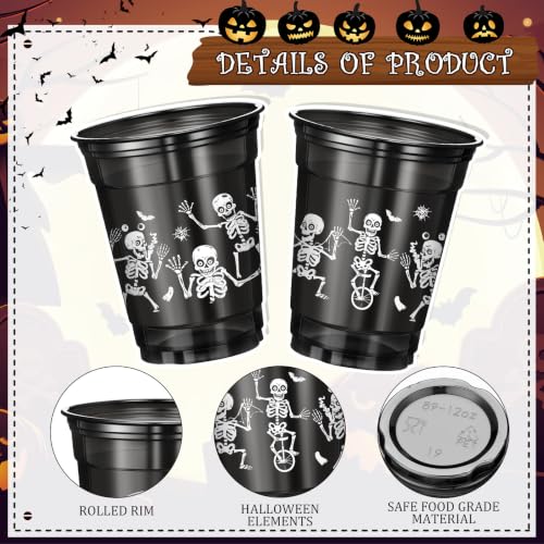 Halloween Skeleton Plastic Cups - 100 Pcs 12 oz Disposable Black Skeleton Variations