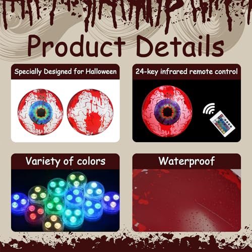 Inflatable Bloodshot Eyeballs Halloween Decor - 2 Pack Waterproof Garden Props with LED Lights - Red