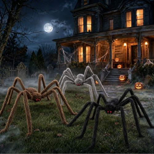 Giant Halloween Spider Decorations - 3 Pack 5 Ft Furry Outdoor Spiders