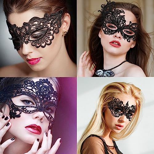 6-Piece Black Lace Eye Masks Set for Costume Parties and Masquerades
