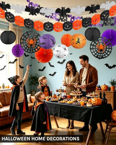 Halloween Indoor Decorations Kit with Paper Lanterns & Garlands - Spooky Festive Decor Set