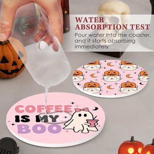 Halloween Coasters Set of 6 - Ceramic Pink Ghost Drink Protectors with Cork Bottom & Holder