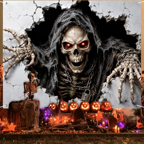 Skeleton Wall Banner Halloween Decor Breakout Banner 71x43 Inch - Hooded Skull Scene