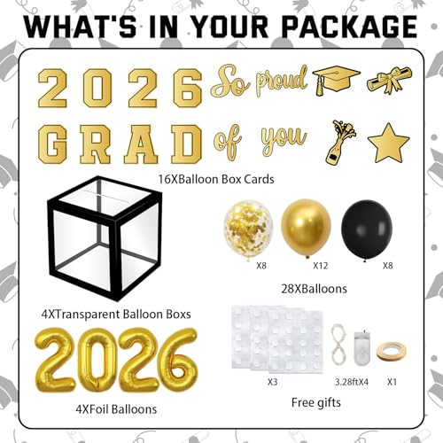 Black Graduation Balloon Box Stack with 'GRAD' Letters - Class of 2026 Decorations
