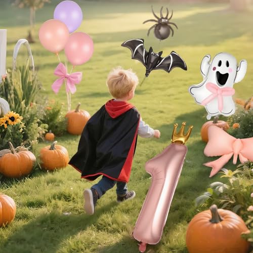 Halloween Birthday Balloon Set - Pink and Black with Bat and Ghost Variations, 12 Pcs