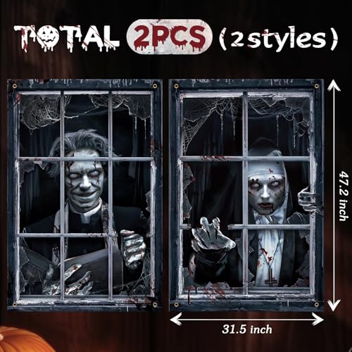 Halloween Ghost Curtain Set - Zombies and Ghost Variation - Spooky Window Decorations for Indoor Outdoor Party