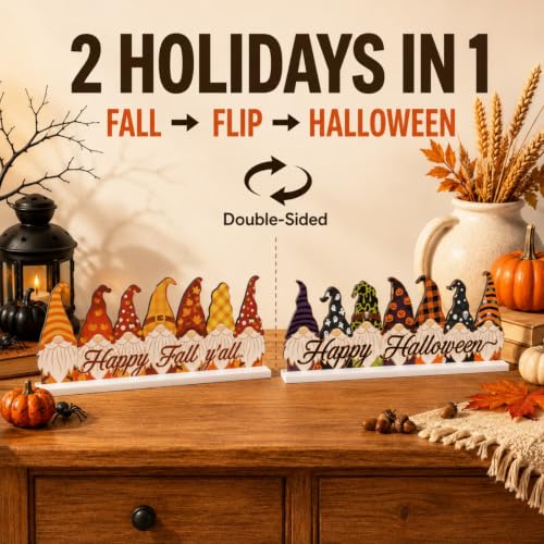 Reversible Fall & Halloween Gnome Sign - Wooden Table Centerpiece with Orange & Purple Variations