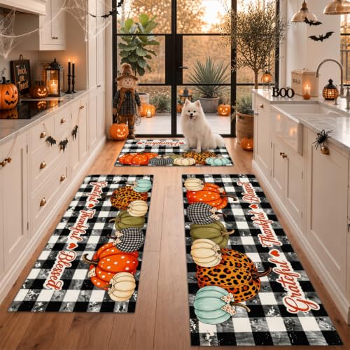 Pumpkin Fall Kitchen Rugs Set of 3 Washable Anti-Fatigue Mats for Floor