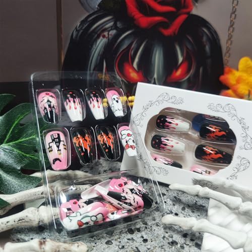 Halloween Press On Nails Set - Glossy Pink Blood Ghost Skull Spiders Variation 59