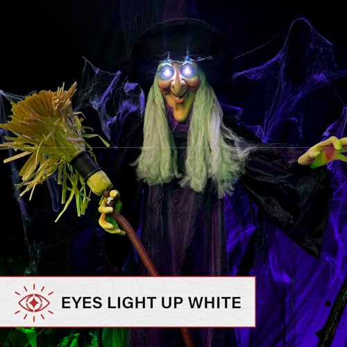 72-Inch Life-Size Talking Witch with Broomstick Halloween Animatronic - Touch Activated Lights and Sound