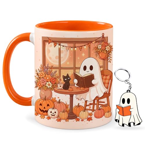 Ghost Fall Reading Mug 11 Oz with Keychain - Book Lover Gift, Halloween & Autumn Theme - Variation: Ghost Fall & Cat
