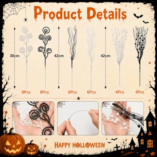 Black & White Halloween Glitter Branches Picks - 36 Pcs Spooky Decor