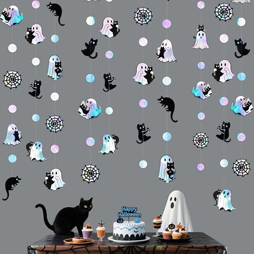 Iridescent Ghost Black Cat Halloween Decorations Holographic Garland Banner - Iridescent Ghost Design