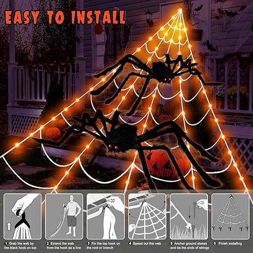 Kenburg 23Ft Large Orange Spider Web Halloween Decorations Outdoor Lights with 2 Giant Spiders & 8 Modes
