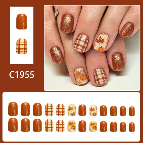 Fall Press on Nails Pumpkin Acrylic Nails Short Square Brown 26Halloween-Brown-1