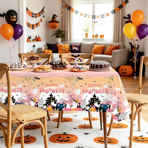 Pink Halloween Tablecloth Set - 3 Disposable 108x54 Inch Ghost Pumpkin Bats