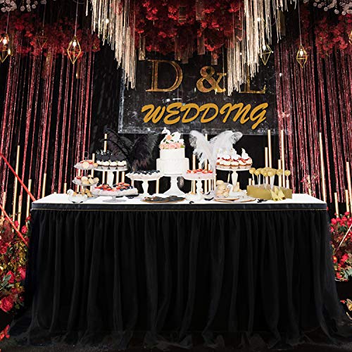 9ft Black Tulle Table Skirt with Gold Trim for Party Wedding Baby Shower
