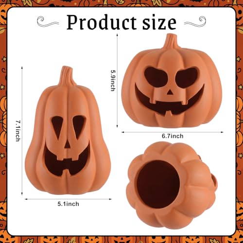 Terracotta Jack O Lantern Pumpkin Decor Set - Halloween Ghost Carved Tea Light Holders - Variation of Terracotta