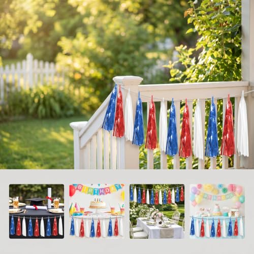 Red Blue White Foil Tassel Garland - 39.2Ft Party Streamers for Celebrations