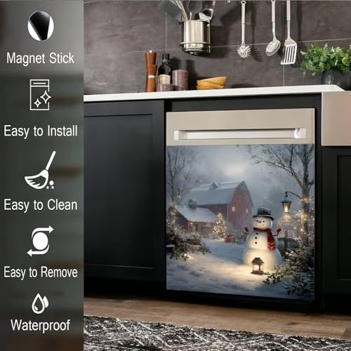 Farmhouse Snowman Dishwasher Magnet Cover - Winter Christmas Kitchen Decor, 23x26 inches