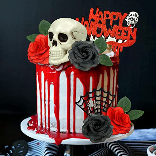Halloween Cake Toppers Ghost Skeleton Web Rose Decorations - Red