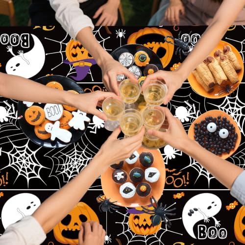 Black Halloween Tablecloth 3 Pack 54x108 Inches Disposable Plastic Cover with Pumpkin Ghost Designs
