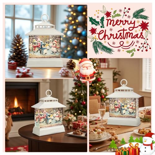 Christmas Snow Globe Lantern with Penguins - Water Glitter & Music, 8 Songs, 6H Timer, Remote & USB Power