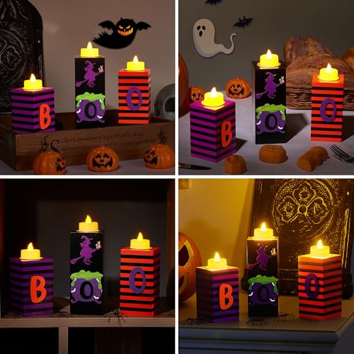 Halloween Wood Candle Holders Set - 3PCS with LED Tea Lights & 3D Carving - Witch Color