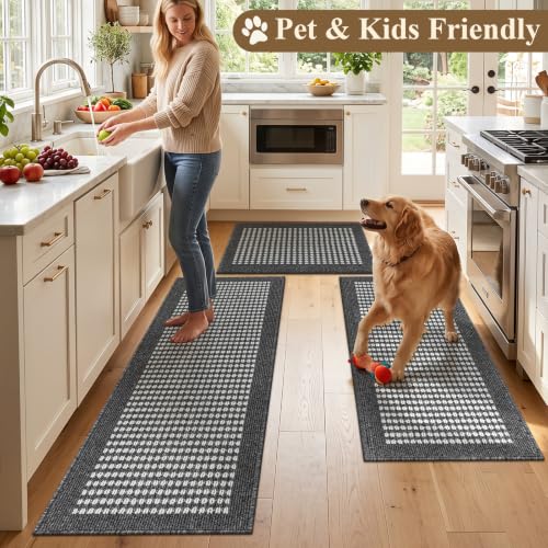 Ileading Kitchen Mat Sets 3 Piece Washable Gray Checkered Dark Gray