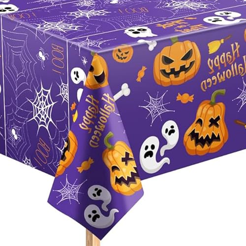 Halloween Tablecloth - Purple Ghost Spider Web Pumpkin 52x87in Disposable Plastic Table Cover - Style4