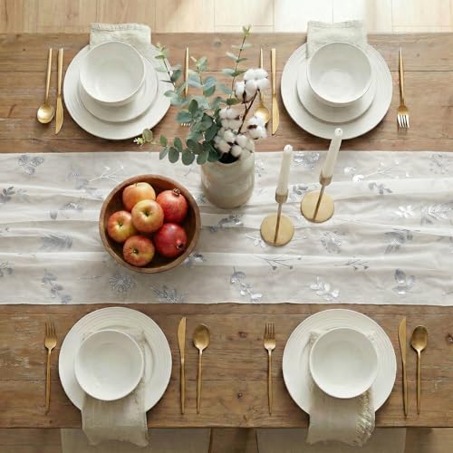 10FT White Silver Floral Leaves Gauze Table Runner - Wedding Party Decor