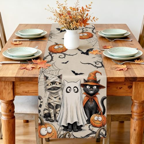 Halloween Table Runner 13x72 inch Spooky Cat Ghost Decor - Variation of Cat Ghost / 13"x72" / 1