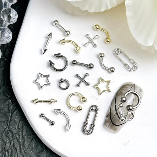 Gray 80 Pcs Piercing Nail Charms Set - 3D Gold Silver Alloy Goth Punk Nail Art