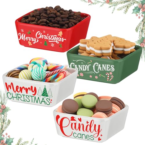 Christmas Candy Bowls Set - Ceramic Mini Square Dish with Holiday Patterns - 4 Pcs