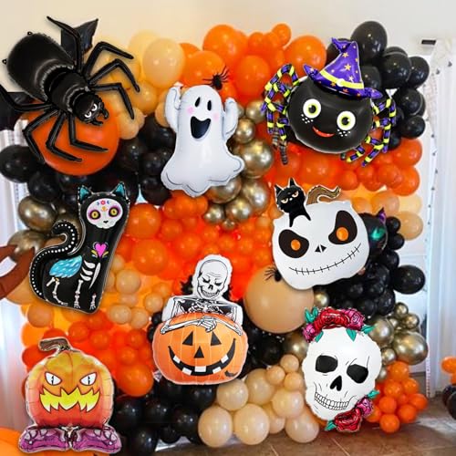 Halloween Foil Balloons Set - 9pcs Ghost, Pumpkin, Spider, Skeleton, Black Cat Party Decorations