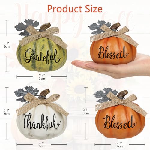 Fall Pumpkin Decor Set - 3 Mini Resin Pumpkins with 'Grateful', 'Thankful', 'Blessed' - Style 7