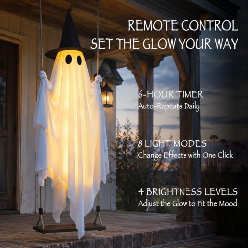 Large Outdoor Hanging Swing Ghost Halloween Decor - 5.3FT Light-Up Ghost