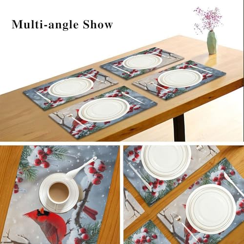Winter Birds Placemat Set of 6 - Christmas Snow Poinsettia Berry Table Mats - 12x18 Inch, Washable & Fast Dry