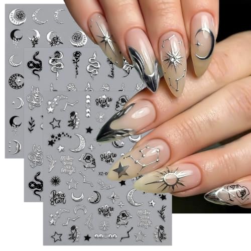 Silver Snake Nail Stickers with Star & Moon Design - Color12