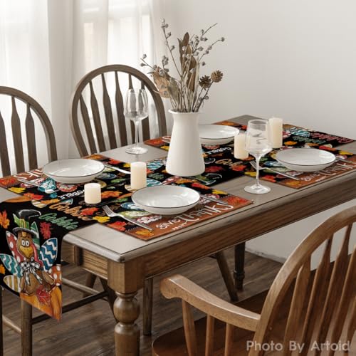 Black Turkey Give Thanks Thanksgiving Placemats Set of 4 - 12x18 Inch Seasonal Table Mats
